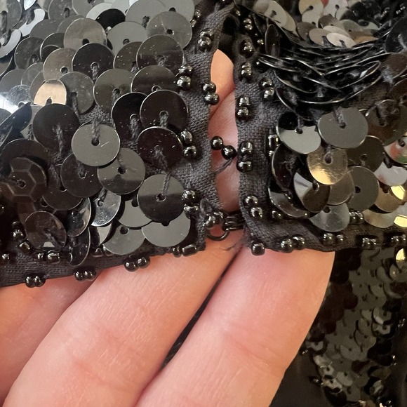 Vtg Henbo Witchy Going Out Asymmetric Women's Black Sequin Beaded Blouse Sz L - Picture 9 of 9